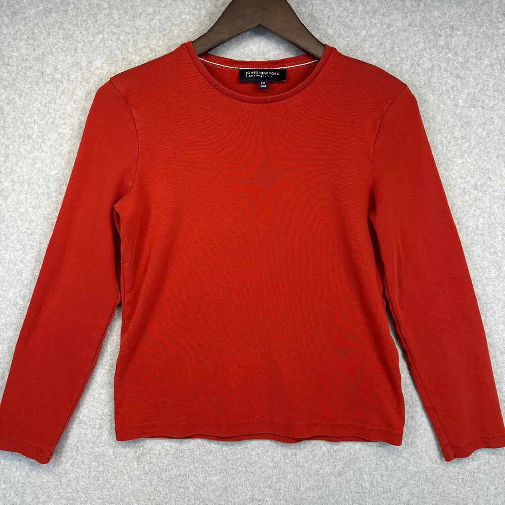Jones New York Signature Top Shirt Womens Size PM Red 100% Cotton Long Sleeve
